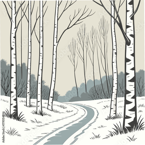 A serene winter scene showcases a winding path through a snowcovered landscape, adorned with elegant birch trees distinguished by their white bark, creating a tranquil and picturesque view