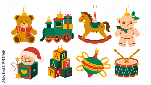 Christmas Toys Collection: A collection of delightful ornaments, evoking the warmth and excitement of childhood memories. Depicting a set of holiday decorations for the Christmas season.