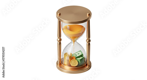 3d icon of hourglass with sand flowing onto money, concept of time is money