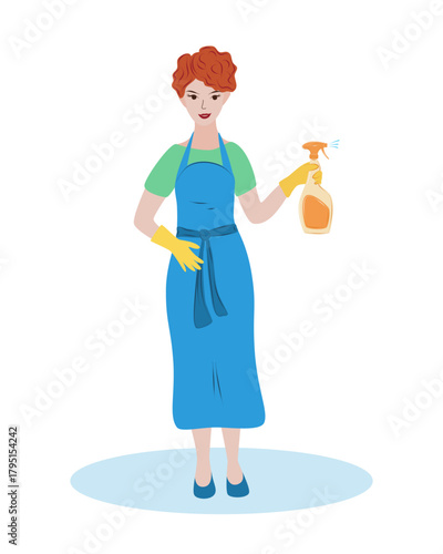 Vector women cleaner stand in uniform with spray bottle isolated. Housekeeping and janitorial staff illustration on white background.