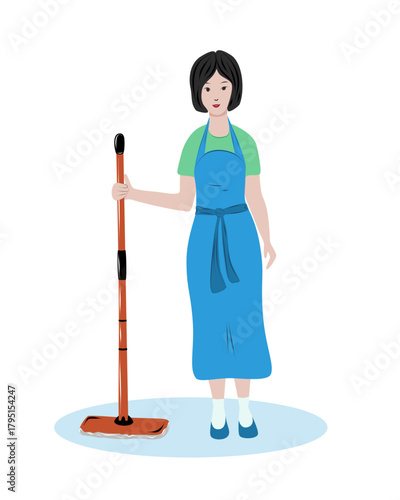 Vector women cleaner in uniform with mop isolated. Housekeeping and janitorial staff illustration on white background.