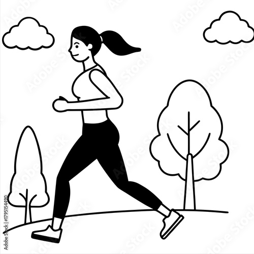 Stylized illustration of a woman jogging outdoors in a park with trees and clouds isolated on white background