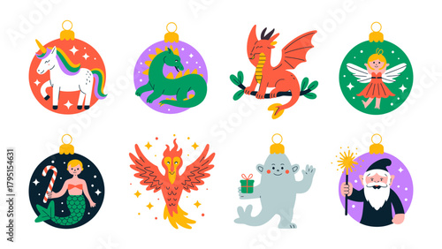 Holiday Ornaments: A charming collection of fantastical holiday ornaments, featuring a unicorn, dragon, fairy, phoenix, yeti, mermaid, and wizard, ready to bring festive cheer and a touch of magic.