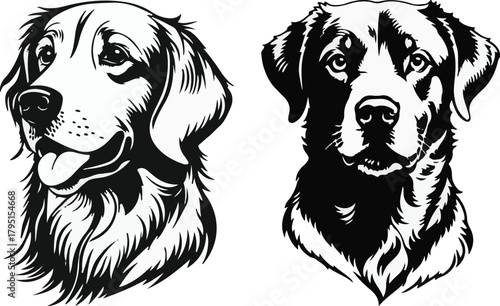 Black and White Vector Portraits of Two Dog Heads