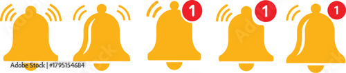 Notification bell icon set. Yellow notification bell icon with red exclamation alert symbol indicating important message, warning, reminder. Bell reminder notification icon collection.