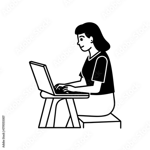 A person sits at a desk typing on a laptop computer with a focused expression isolated on white background