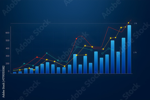Blue bar chart red yellow green trend lines dark gradient background wide angle deep focus                    