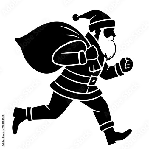 Santa's Whimsical Run: A dynamic silhouette of Santa Claus, full of spirited joy as he races forward with a sizable gift sack over his shoulder. Embracing the season's jovial spirit!