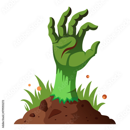 Green zombie hand emerging from the ground with grass and dirt isolated on a white background