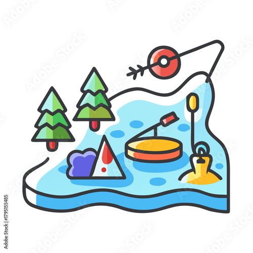 Colorful Vector Icon of Ice Fishing on Frozen Lake
