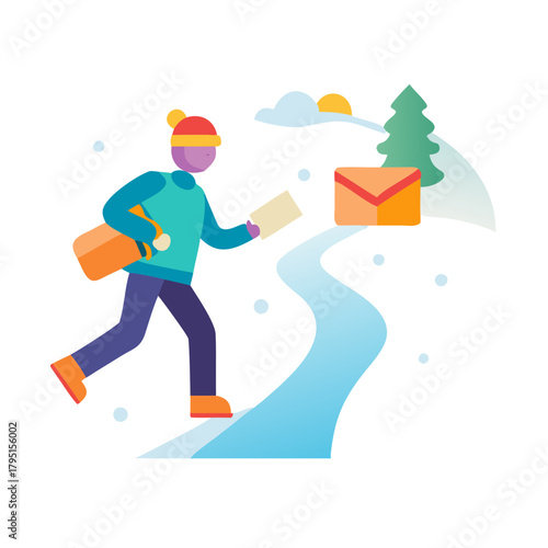 Colorful Vector Icon of Person Delivering Mail on Snowy Road