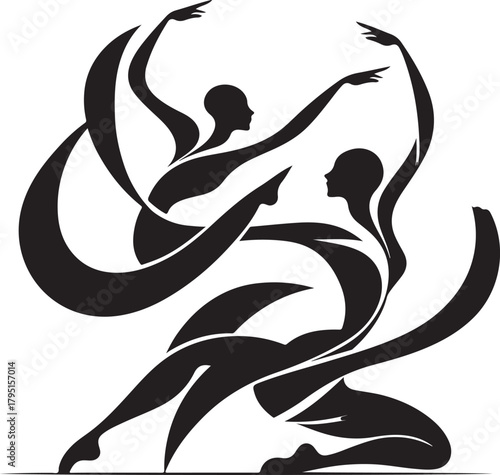  Vivid abstract silhouette of two dancers in flowing black and gray ribbons, conveying motion, energy, and grace. Ideal for dance, fitness, wellness, and artistic