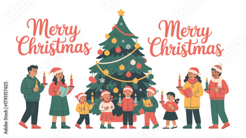 Merry Christmas: A heartwarming scene unfolds as a family gathers around a beautifully adorned Christmas tree, singing carols with candles in their hands.