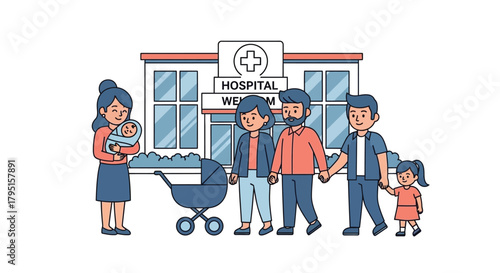 Family Arriving at Hospital with Newborn and Toddler