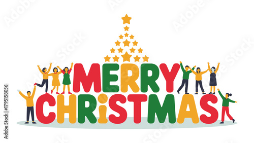 Holiday Greeting with Christmas Spirit: Festive characters collectively form the Merry Christmas message, topped with a star-shaped tree, radiating joy and holiday cheer.