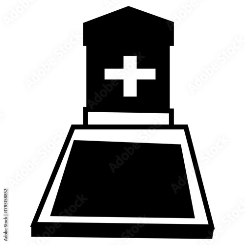 A bold black-and-white icon of a tombstone featuring a cross at the top and a rectangular base, symbolizing a grave or memorial.