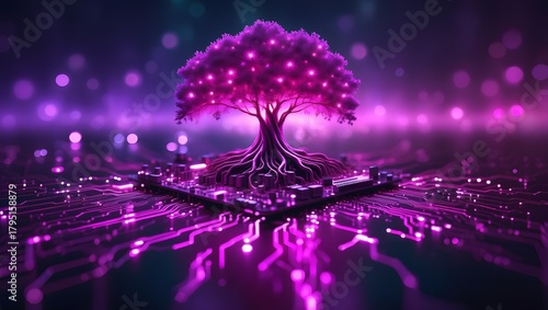 Generative AI illustration of digitally created image of tree with foliage growing from a circuit board illustrating the concept of technology