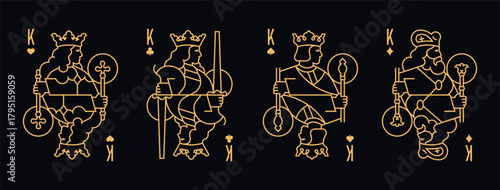 Vector illustration of a set of four King playing cards: Clubs, Diamonds, Hearts, Spades. Elegant and classic design for poker, casino, and entertainment projects.