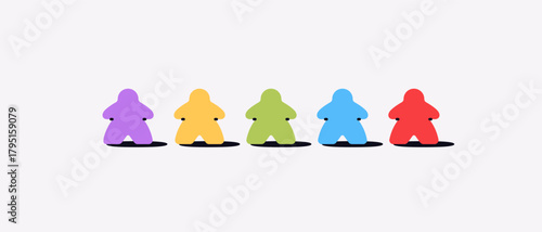 Vector illustration of colorful wooden game figures isolated on white background. Classic board game pawns in vibrant colors for tabletop, gaming, and entertainment design projects.