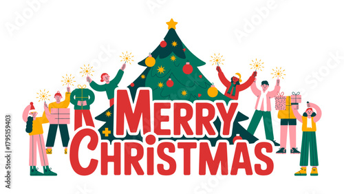 Festive Christmas Cheer: A group of diverse people come together to share the warmth and joy of Christmas, holding sparklers and gifts near a beautifully decorated Christmas tree.