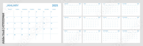 Classic monthly calendar for 2025. Calendar in the style of minimalist square shape. The week starts on Monday. English text