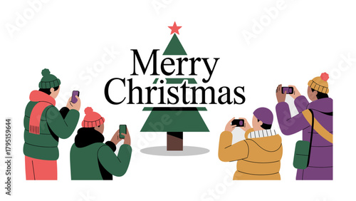 Christmas Greetings: People capture Christmas greetings with phone cameras in front of a tree decorated for the holiday, festive spirit and digital memory.