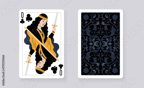 Vector illustration of the Queen of Clubs playing card. Elegant and classic design symbolizing royalty, luck, and card games, perfect for casino and entertainment projects.