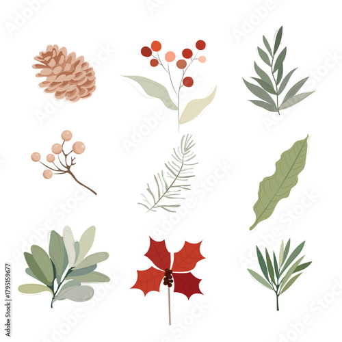 Tree, fir, pine cone, leaf branch, mistletoe, winter vector icon, winter set isolated on white background. Holiday nature illustration