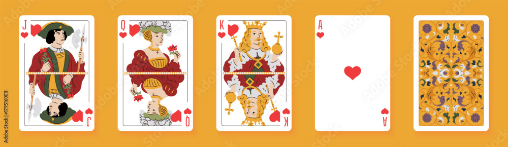 Fototapeta premium Vector illustration of a Hearts suit card set: Jack, Queen, King, Ace, card back with ornate. Elegant and classic playing cards with decorative pattern for poker, casino, and entertainment projects.