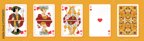 Vector illustration of a Hearts suit card set: Jack, Queen, King, Ace, card back with ornate. Elegant and classic playing cards with decorative pattern for poker, casino, and entertainment projects.