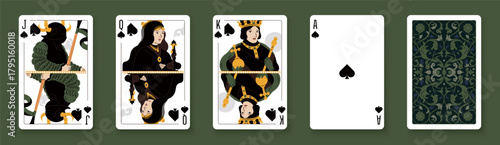 Vector illustration of a Spades suit card set: Jack, Queen, King, Ace, card back with ornate. Elegant and classic playing cards with decorative pattern for poker, casino, and entertainment projects.
