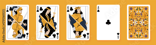 Vector illustration of a Clubs suit card set: Jack, Queen, King, Ace, card back with ornate. Elegant and classic playing cards with decorative pattern for poker, casino, and entertainment projects.