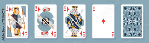 Vector illustration of a Diamonds suit card set: Jack, Queen, King, Ace, card back with ornate. Elegant and classic playing cards with decorative pattern for poker, casino, and entertainment projects.