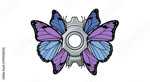 A symbol of transformation combining mechanical gears with butterfly wings in shades of purple and blue