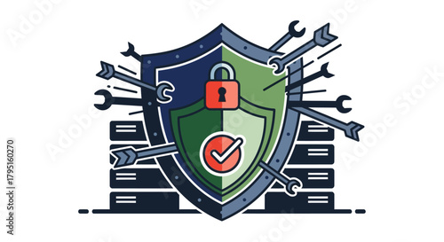 Cybersecurity Shield Protecting Server Infrastructure. Robust digital security illustration for data networks, with a lock, checkmark, and tools for threat defense