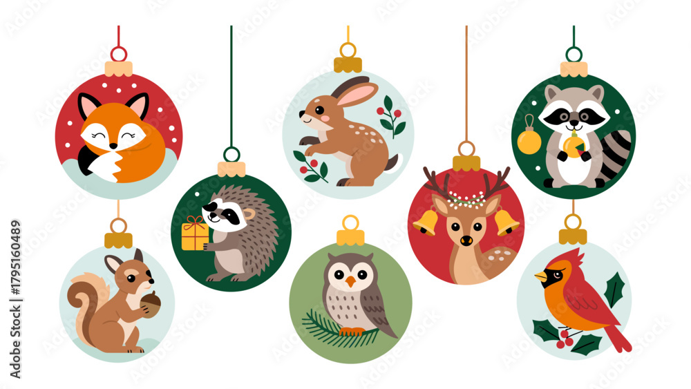 Fototapeta premium Festive Ornaments of Forest Friends: Delightful illustrations of woodland creatures adorn colorful ornaments, bringing holiday cheer with a touch of nature's beauty.