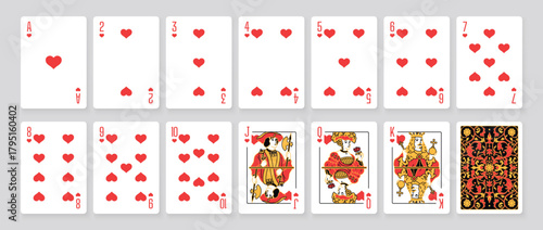 Vector illustration of a Hearts suit card set: Jack, Queen, King, Ace, card back with ornate. Elegant and classic playing cards with decorative pattern for poker, casino, and entertainment projects.