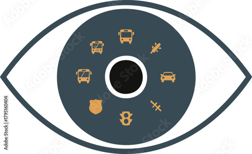 An eye-shaped graphic centers icons representing transportation, police, and emergency services within its pupil