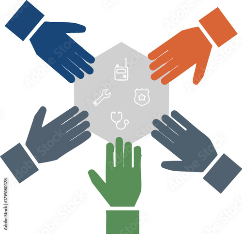 Five colorful hands gather around a hexagon showing icons of essential community services and professions