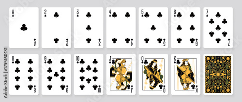 Vector illustration of a Clubs suit card set: Jack, Queen, King, Ace, card back with ornate. Elegant and classic playing cards with decorative pattern for poker, casino, and entertainment projects.
