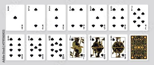 Vector illustration of a Spades suit card set: Jack, Queen, King, Ace, card back with ornate. Elegant and classic playing cards with decorative pattern for poker, casino, and entertainment projects.