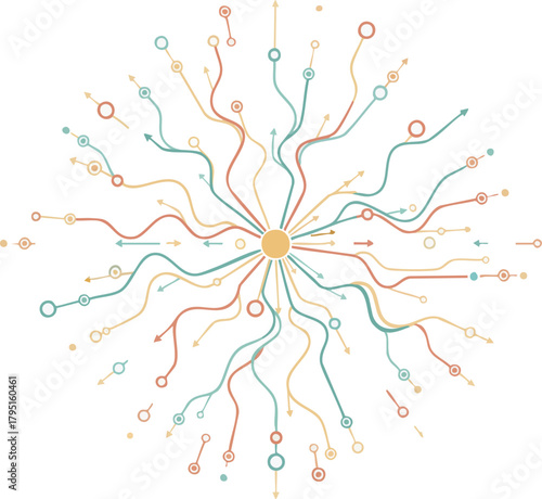 network, radial, connections, nodes, lines, abstract, data, flow, branching, system, visualization, diagram, structure, communication, pathways, colorful, orange, teal, yellow, central hub, connectivi