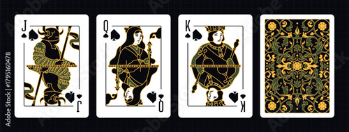 Vector illustration of a Spades suit card set: Jack, Queen, King, Ace, card back with ornate. Elegant and classic playing cards with decorative pattern for poker, casino, and entertainment projects.