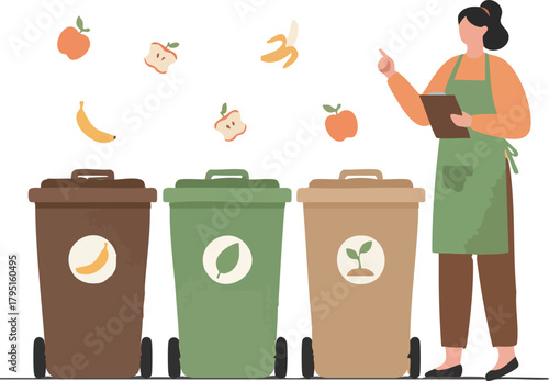 A recycling instructor teaches proper sorting of food waste into labeled compost bins using a clipboard