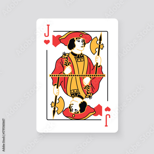 Vector illustration of the Jack of Hearts playing card. Elegant and classic design symbolizing royalty, luck, and card games, perfect for casino and entertainment projects.