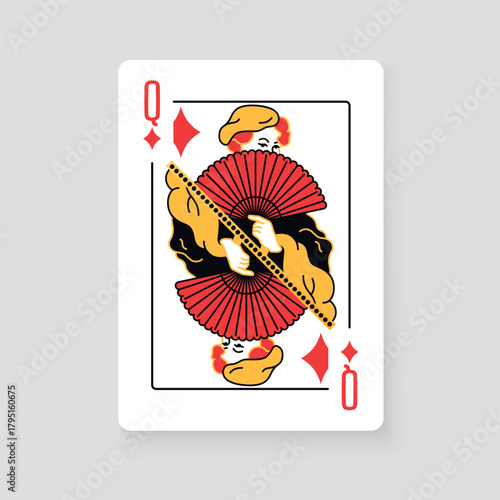 Vector illustration of the Queen of Diamonds playing card. Elegant and classic design symbolizing royalty, luck, and card games, perfect for casino and entertainment projects.