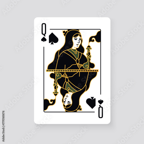 Vector illustration of the Queen of Spades playing card. Elegant and classic design symbolizing royalty, luck, and card games, perfect for casino and entertainment projects.