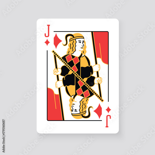 Vector illustration of the Jack of Diamonds playing card. Elegant and classic design symbolizing royalty, luck, and card games, perfect for casino and entertainment projects.