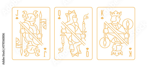 Vector illustration of a Spades suit playing card set: Jack, Queen, King. Classic and elegant design for poker, casino, and entertainment projects.