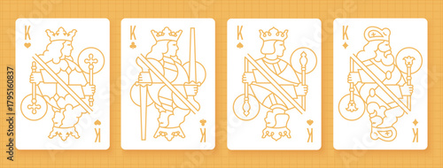 Vector illustration of a set of four King playing cards: Clubs, Diamonds, Hearts, Spades. Elegant and classic design for poker, casino, and entertainment projects.